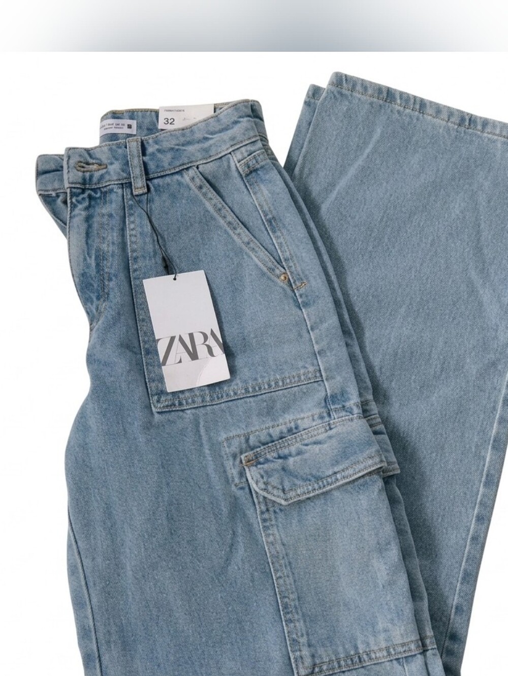 Zara Light Blue Wide Leg Cargo Jeans - Picture 2 of 3